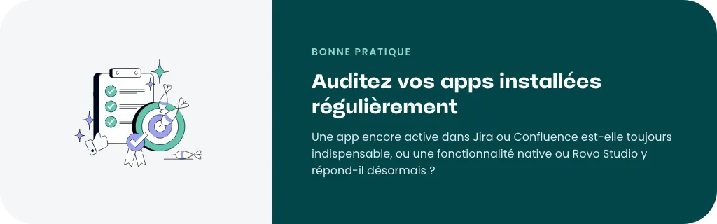 Illustration d'un audit des apps Atlassian installées dans Jira et Confluence