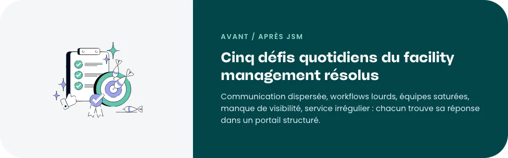 Cinq défis quotidiens du facility management résolus par un portail JSM structuré